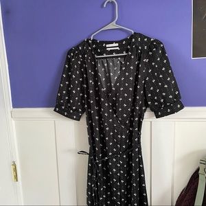 black and white floral midi wrap dress